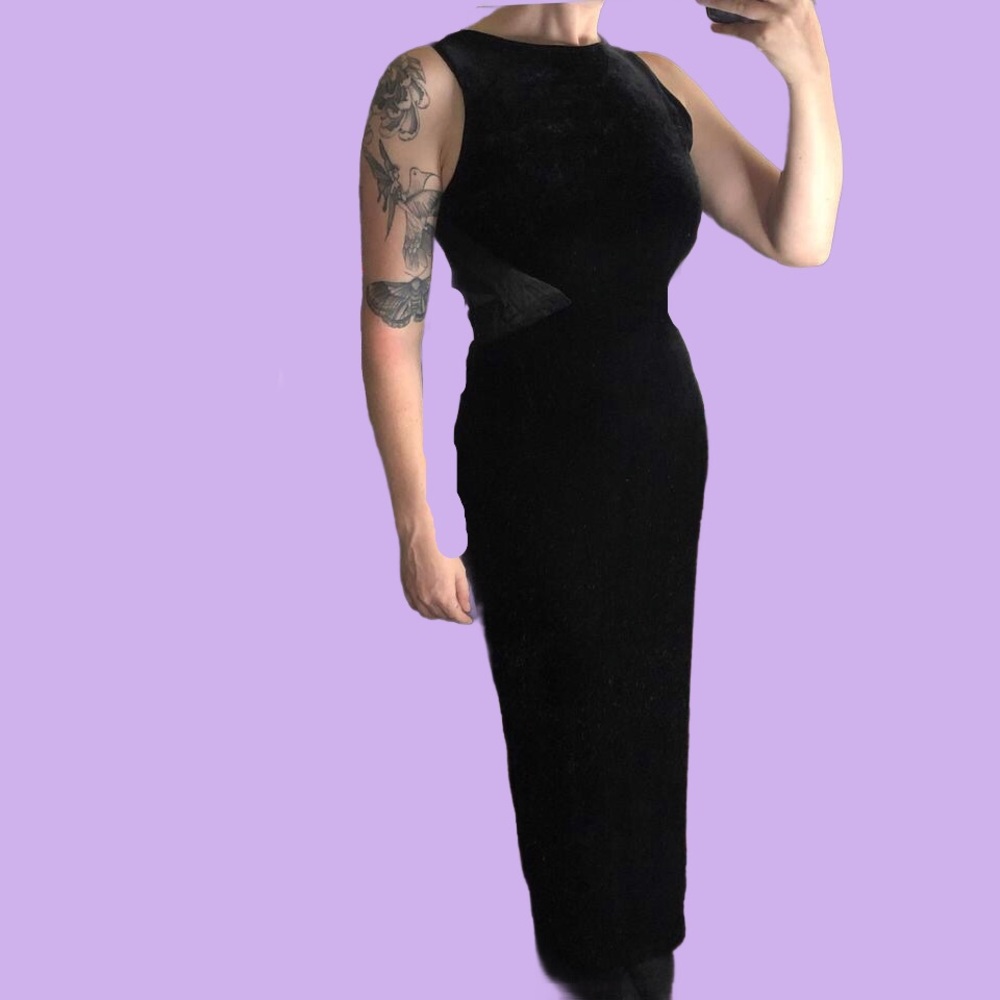 Black velvet maxi dress with gorgeous mesh button details on the back